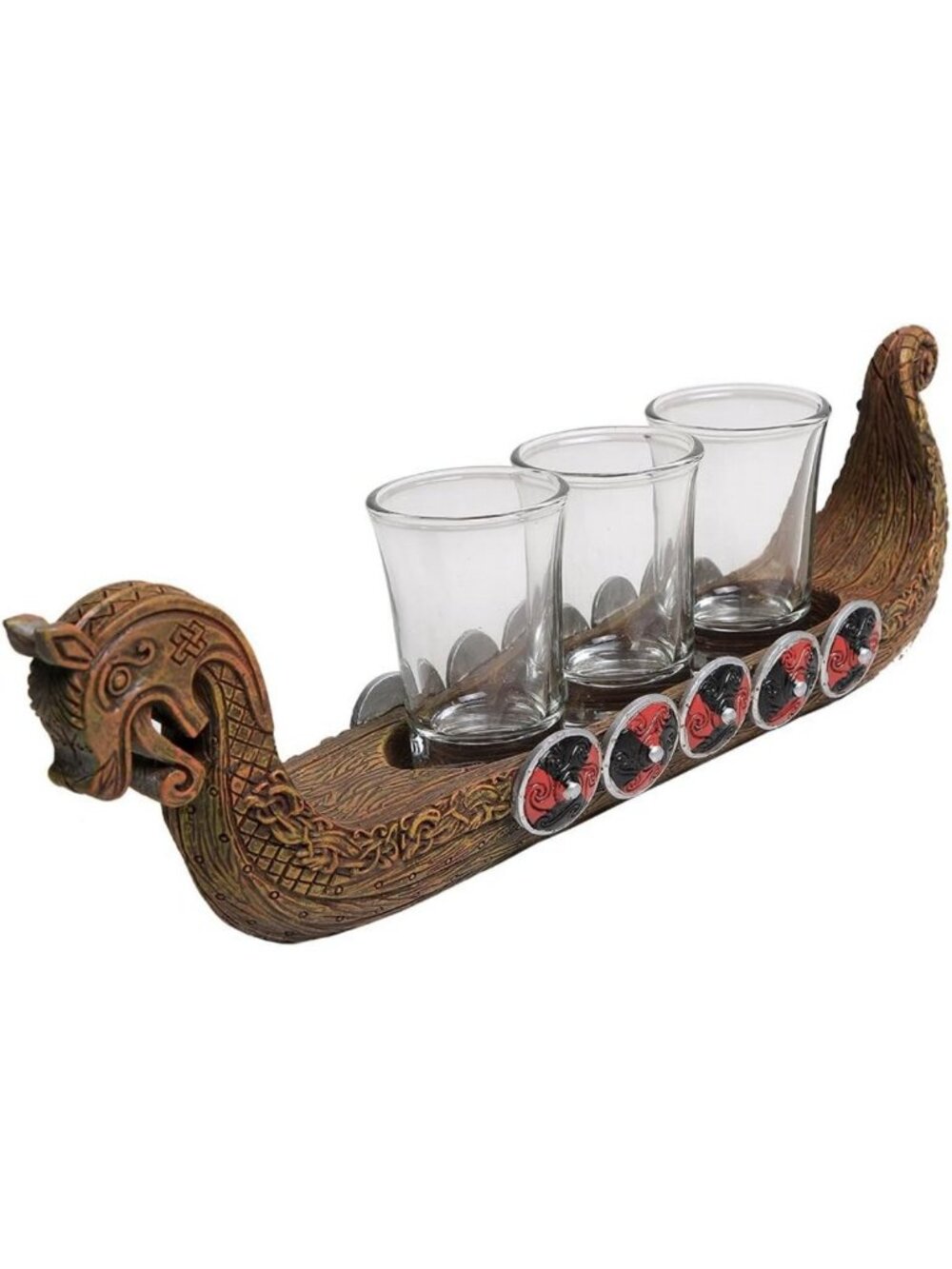 Ancient Nordic Viking Longship Shot Glass Holder - 3pc Decor, 11.5 Inches